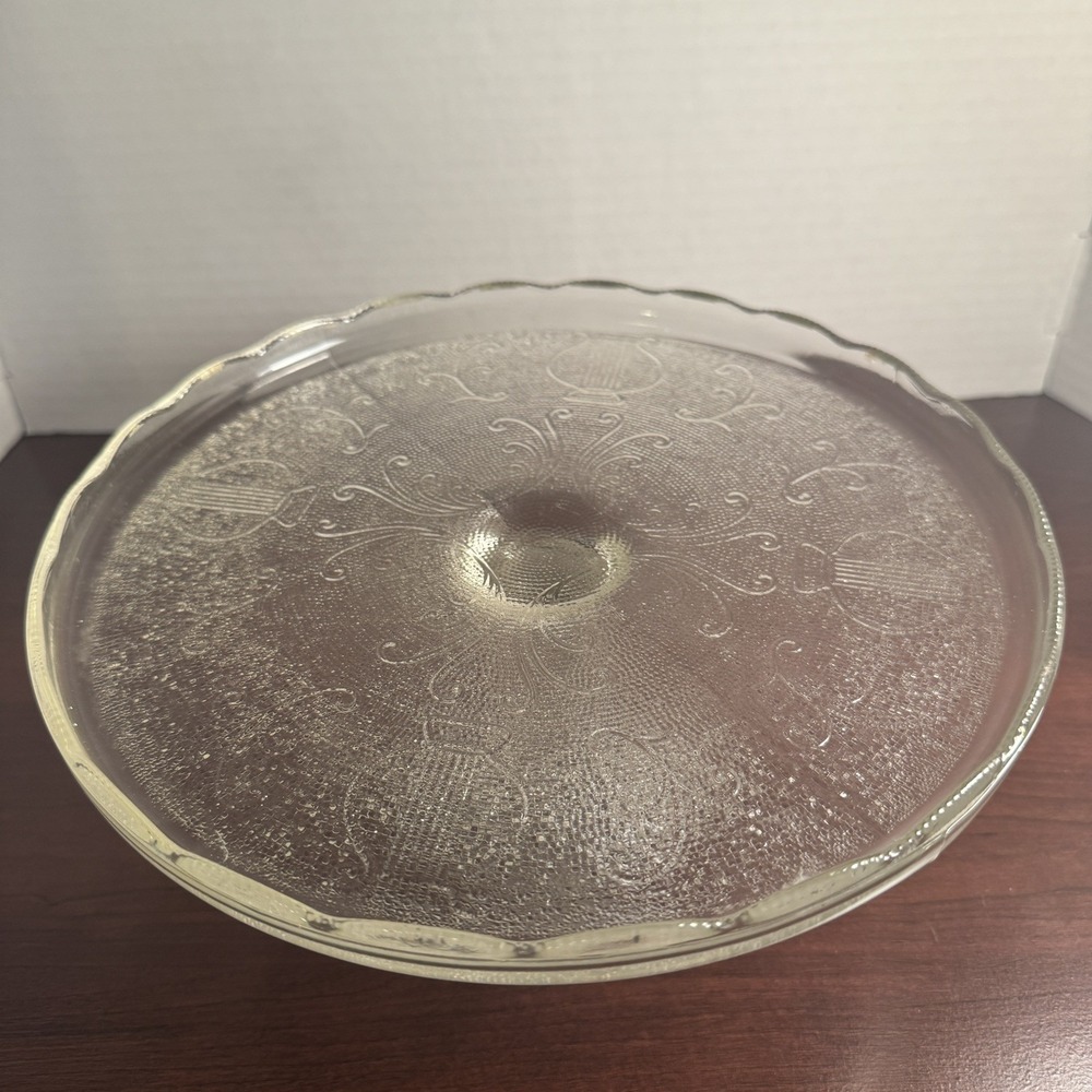 Jeanette Glass Depression Pedestal Vintage Scalloped Harp Pattern Cake Plate